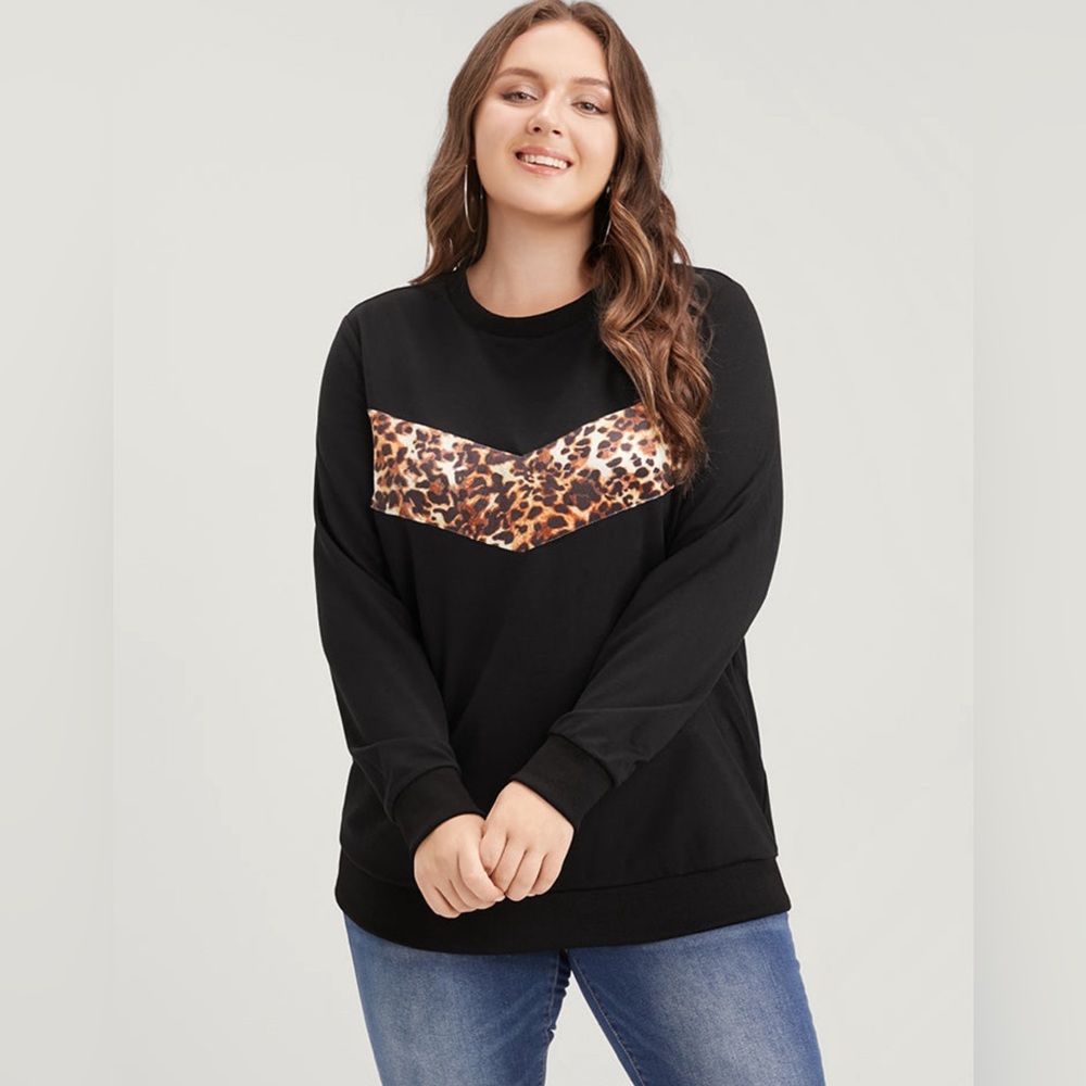 BloomChic Leopard Patchwork Round Neck Drop Shoulder Sweatshirt